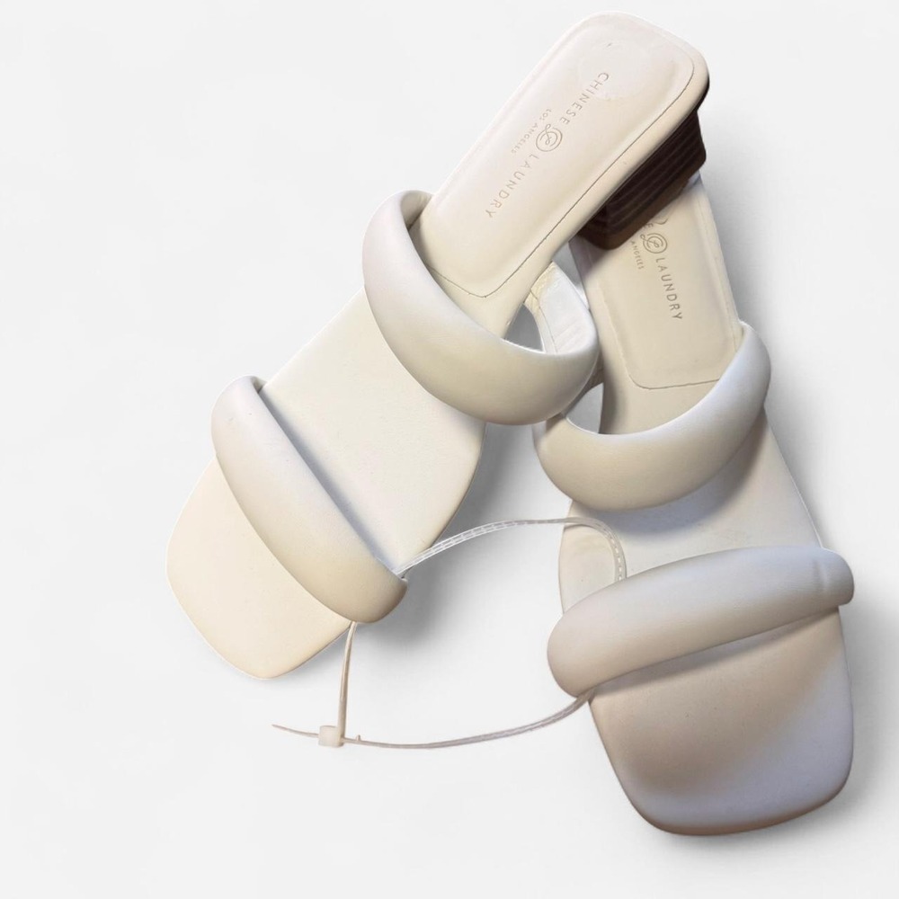 Chinese Laundry Cream Puffy Double Strap Block Heel Square Toe Sandals Slides